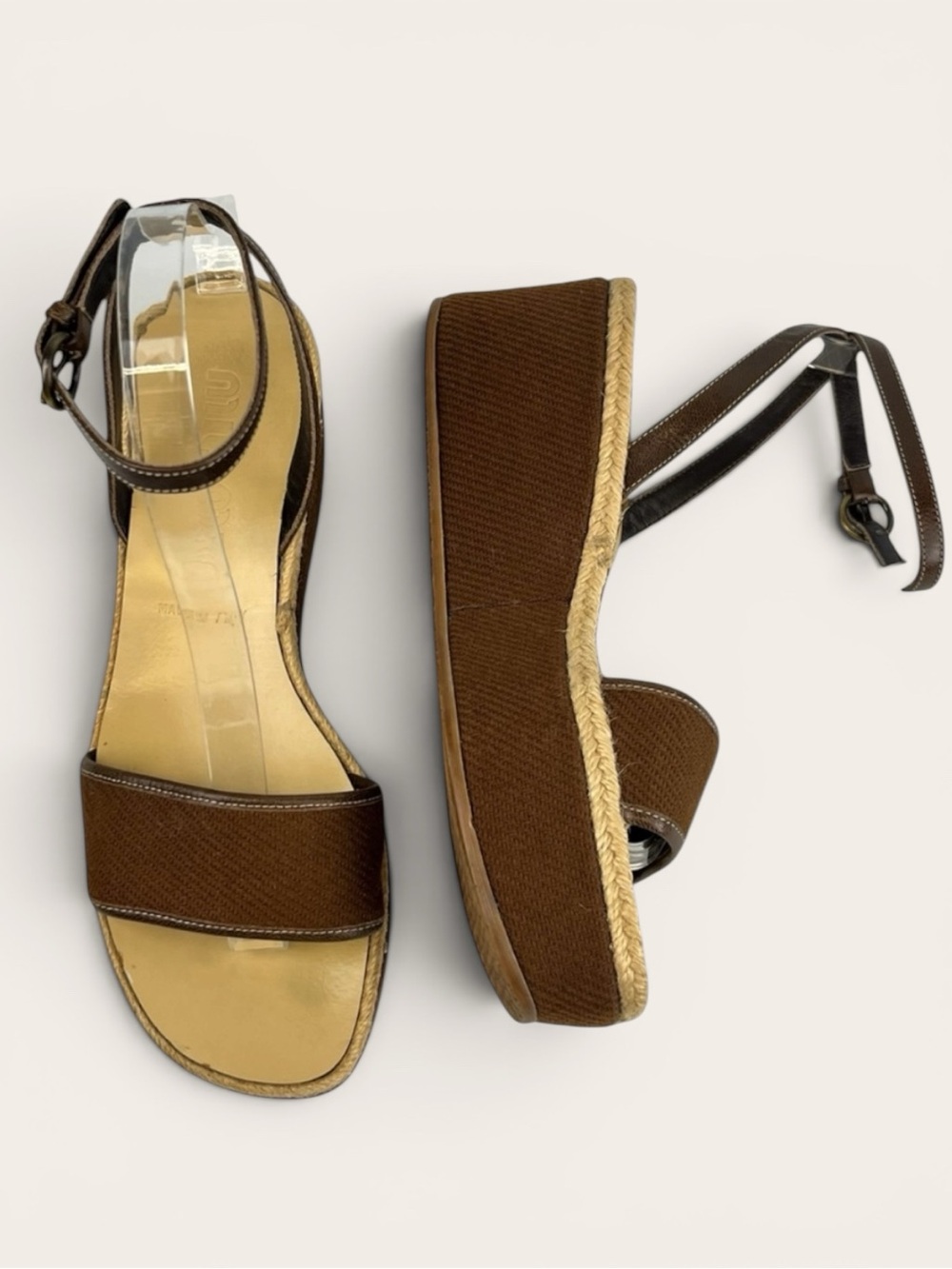 Miu Miu Canvas with Leather Trim Platform Sandals Women US9.5 EU39.5 Brown